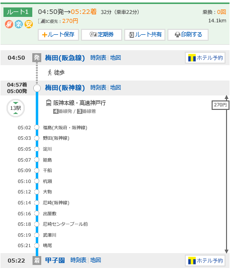 阪神梅田駅から阪神甲子園駅までの始発電車時刻表